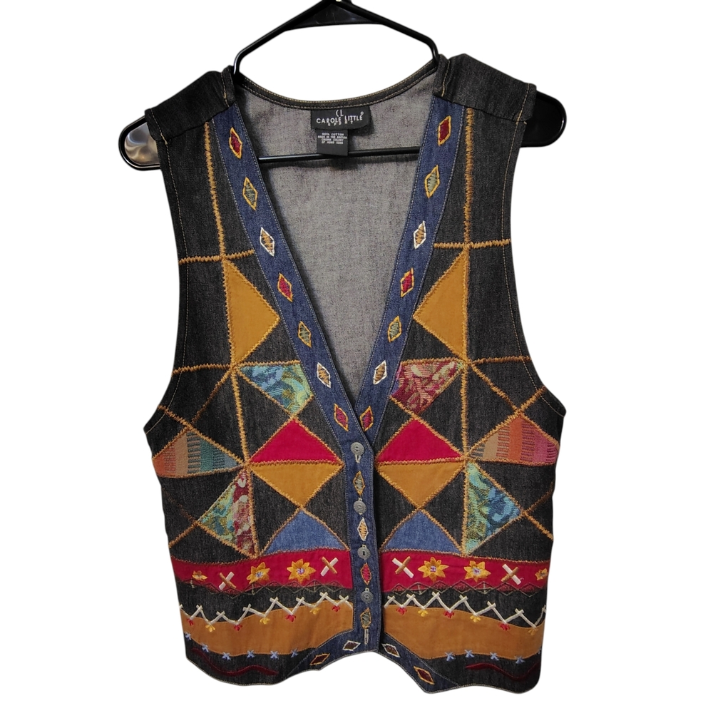 Vintage Carole Little Sport Patchwork Denim Vest Women’s Small Boho Southwestern